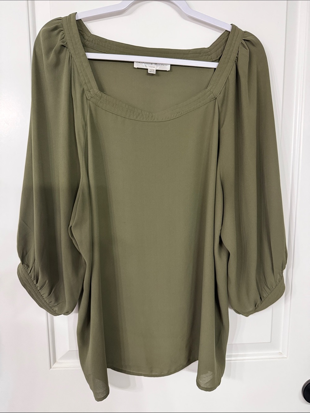 Chelsea & Theodore Olive Green Square Neck Blouse with Pleated Sleeves